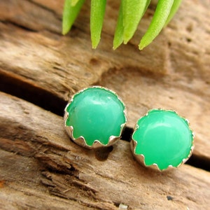 Chrysoprase Stud Earrings | 14k Gold or Sterling Silver Cabochons | Low Profile Serrated Setting | C Grade