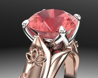 Lotus Flower Engagement Ring  | 14 Rose Gold or Platinum Band with Padparadscha Peach Sapphire | USA Custom Made | "Tularosa"