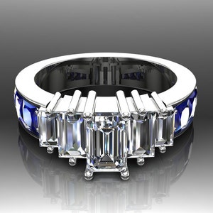 Diamond Engagement Ring, 5-Stone With Emerald-Cut and Baguette Diamonds and Blue Sapphire Accents — Cityscape Design