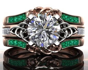 Celtic Engagement Ring Set | 14k Rose Gold or Platinum Ring with Moissanite and Diamond, Plus Emerald Wedding Band Set