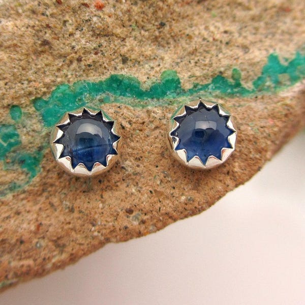 Blue Sapphire Cabochon Earrings | Natural Blue Sapphire Earrings in Sterling Silver Studs | 4mm