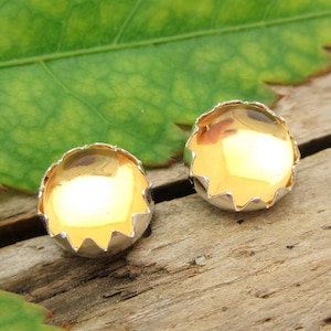 Citrine Cabochon Studs | 14k Gold Stud Earrings or Sterling Silver Soft Yellow Studs | 4mm, 6mm Low Profile Serrated or Crown Earrings