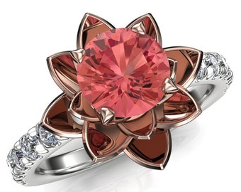Lotus Flower Engagement Ring  | 14 Gold or Platinum Band with Padparadscha Peach Sapphire | USA Custom Made | "Genevieve"