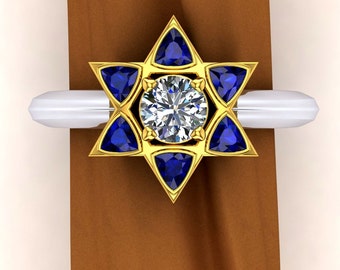 Star Of David Ring | Sapphire and Diamond in Platinum and 22K Yellow Gold