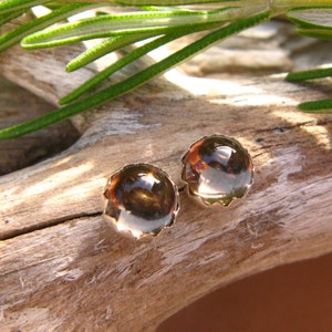 Smoky Quartz Cabochon Studs | 14k Gold Stud Earrings or Sterling Silver Smoky Quartz Studs | 4mm, 6mm Low Profile Serrated or Crown Earrings