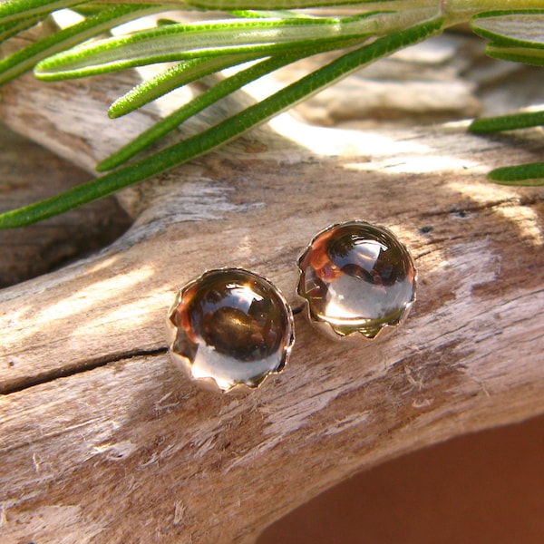 Smoky Quartz Cabochon Studs | 14k Gold Stud Earrings or Sterling Silver Smoky Quartz Studs | 4mm, 6mm Low Profile Serrated or Crown Earrings