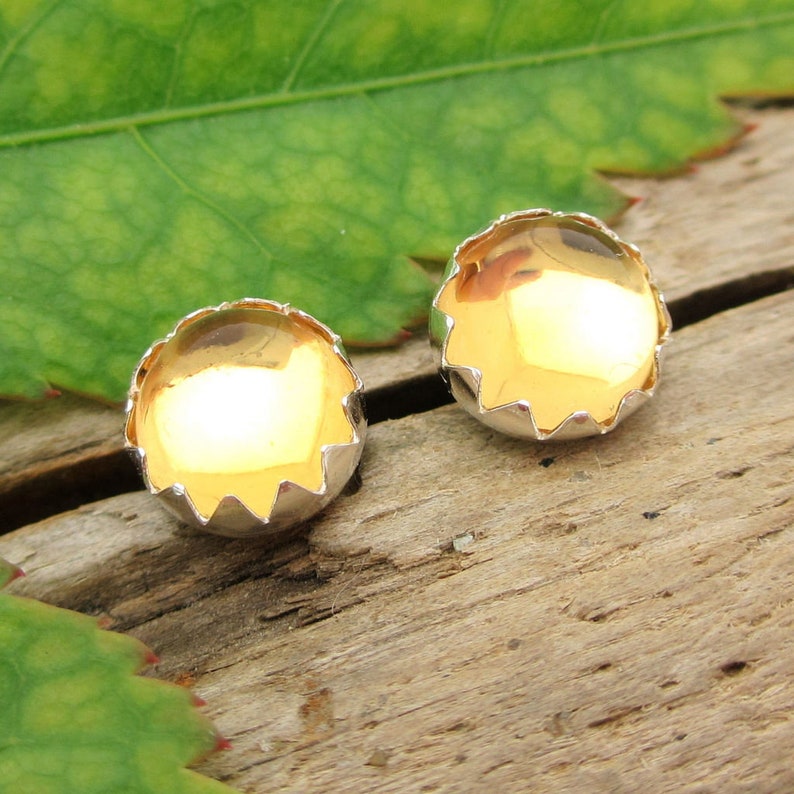 Citrine Cabochon Studs 14k Gold Stud Earrings or Sterling Silver Soft Yellow Studs 4mm, 6mm Low Profile Serrated or Crown Earrings image 1