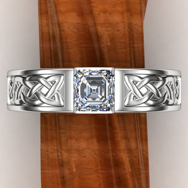 Men's Engagement Ring or Wedding Band in Platinum or 14k Gold | Unique Celtic Knot Lab Diamond Ring for Men | US Custom Made “Gandalf”