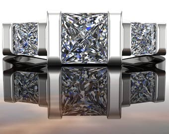 Diamond Engagement Ring, Princess-Cut Three-Stone Ring in Platinum or Gold