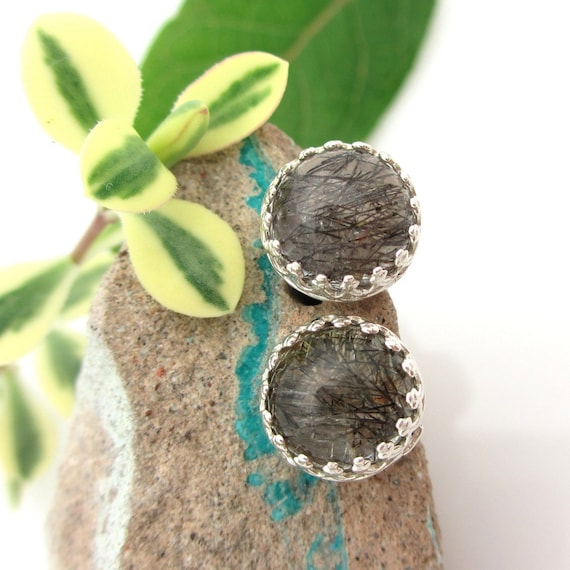 Tourmalinated Quartz Stud Earrings, Black and White Cabochon Earrings in Silver | 8mm