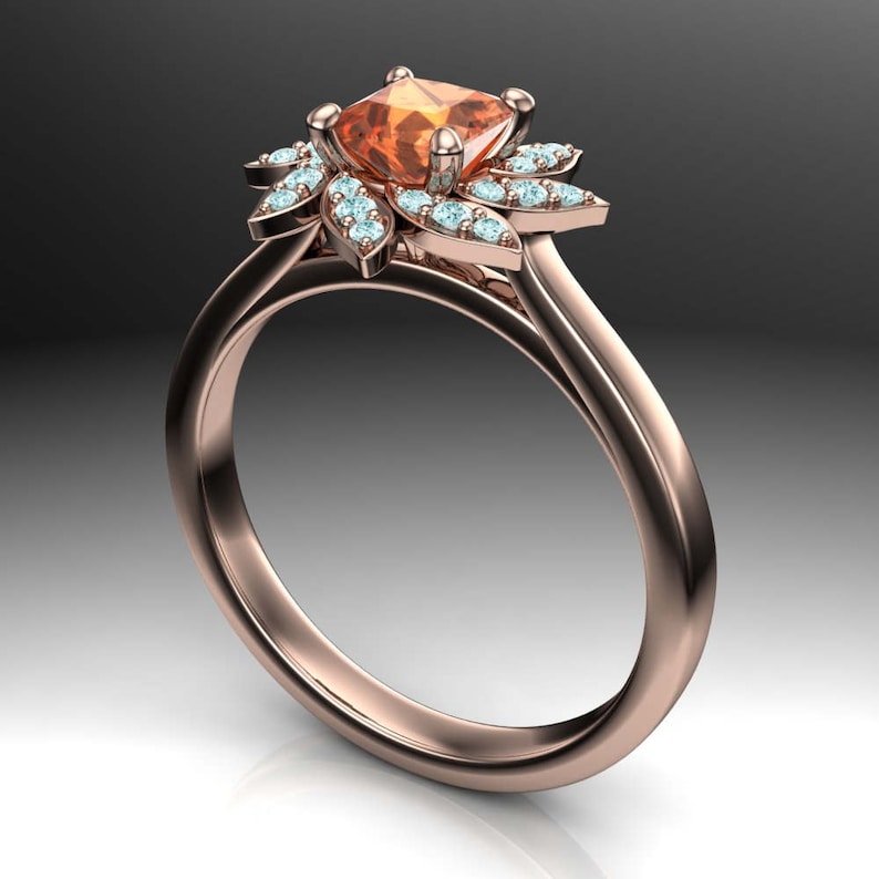 Rose Gold Unique Vintage Engagement Rings, Floral Cluster Ring with Orange Spessartite Garnet and Blue Diamonds