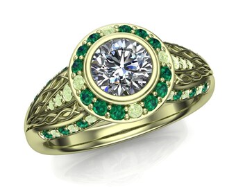 Green Gold Engagement Ring | Half-Carat Diamond with Emeralds | USA Custom Made