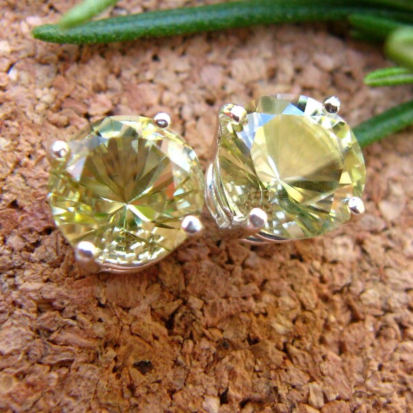 Lemon Quartz Stud Earrings in Gold, Silver, Platinum, or Palladium with Genuine Gems, 8mm - Free Gift Wrapping