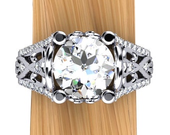 Platinum Diamond Engagement Ring, 2-Carat Elaborate Filigree Design with Accent Diamonds, Inspired by Crown Jewelry