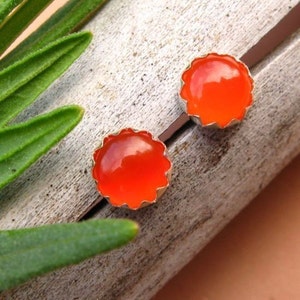 Carnelian Cabochon Studs | 14k Gold or Sterling Silver Orange Carnelian Studs | 4mm, 6mm Low Profile Serrated or Crown Earrings