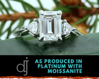 Moissanite Art Deco Engagement Ring | 5x7mm Emerald-Cut Forever One Colorless Moissanite, 14k Gold or Platinum | "Empire"