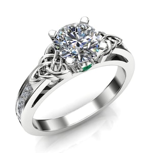 Moissanite Engagement Ring, Celtic Knot in 14k Gold or Platinum Band with Diamonds and Emeralds | USA Custom Made | &quot;Rowena&quot;