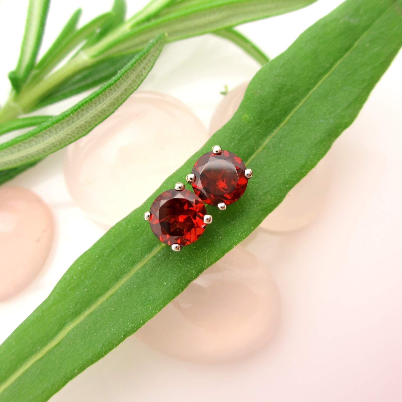 Red Garnet Earrings: Solid 14k Gold, Platinum, or Sterling Silver Studs | Minimalist Jewelry for Men or Women | Made in Oregon