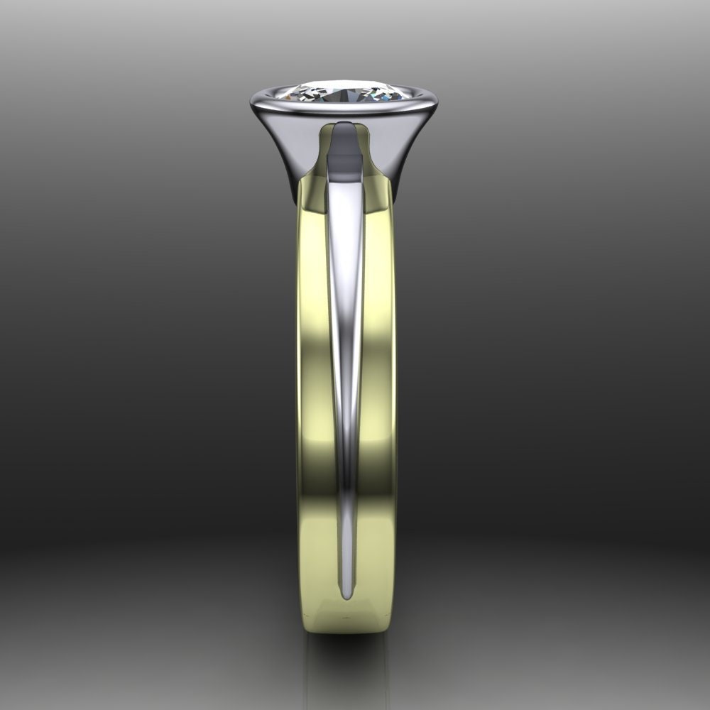 Simple Diamond Engagement Ring Green Gold Mixed Metal Bezel | Etsy