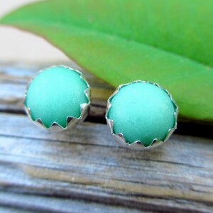 Variscite Cabochon Studs | 14k Gold Stud Earrings or Sterling Silver American Gemstone Studs | 6mm Low Profile Serrated or Crown Earrings