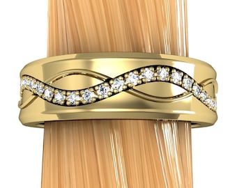 Diamond Wedding Ring in 14k White or Yellow Gold, Medium Width Band | Eternity Sine Wave Pattern