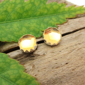 Citrine Cabochon Studs 14k Gold Stud Earrings or Sterling Silver Soft Yellow Studs 4mm, 6mm Low Profile Serrated or Crown Earrings image 2