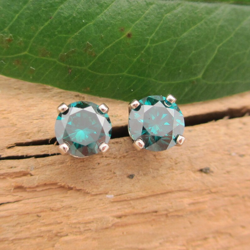 Teal Blue Diamond Earrings in 14k White Gold, 4.3mm Studs .64TCW image 3