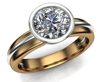 Diamond Engagement Ring, 1-Carat Bezel-Set Diamond in Two-Tone Gold Band