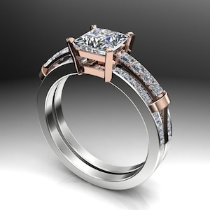 1-Carat Engagement Ring, Princess-Cut Diamond with Double-Layered Two-Tone Band