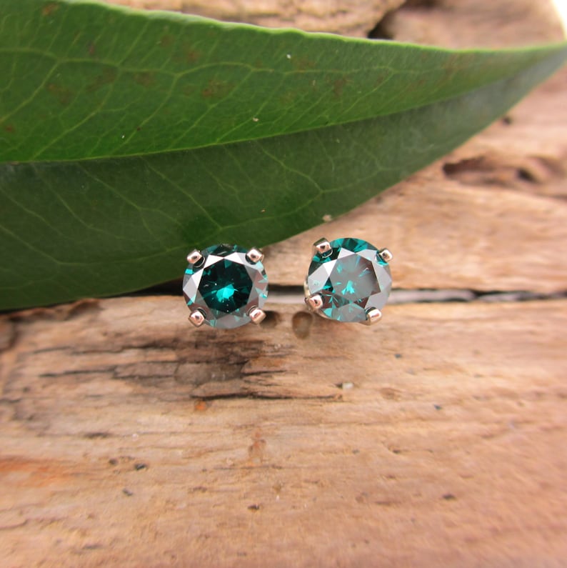 Teal Blue Diamond Earrings in 14k White Gold, 4.3mm Studs .64TCW image 2