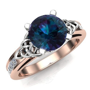 Alexandrite Engagement Ring | Celtic Knot Men&#39;s or Women&#39;s Ring with Diamonds | 14k Rose Gold, Platinum | &quot;Rowena&quot;