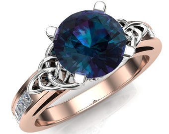 Alexandrite Engagement Ring | Celtic Knot Men's or Women's Ring with Diamonds | 14k Rose Gold, Platinum | "Rowena"