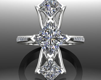 Fantasy Engagement Ring, Lab Created Diamonds in 14k Gold or Platinum | Three Stone Elvish Fairy Engagement Ring, Gothic | "Arwen" US Made