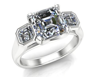 Diamond Engagement Ring, 3-Stone With Asscher Cut Diamonds — Bold Unisex Design