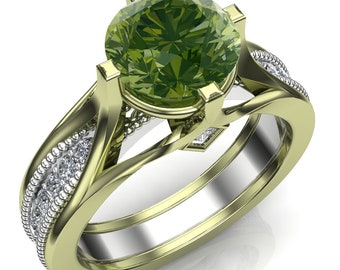 Arizona Peridot Ring with Diamonds in 14k Green and White Gold | USA Custom Made with American Mined Gem | "Avalon"