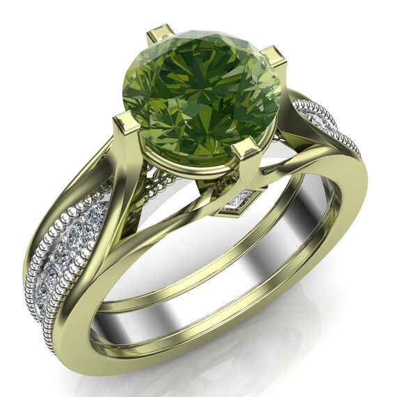 Arizona Peridot Ring With Diamonds in 14k Green and White Gold Etsy