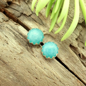 Amazonite Cabochon Studs | 14k Gold Stud Earrings or Sterling Silver Amazonite Studs | 6mm Low Profile Serrated or Crown Earrings