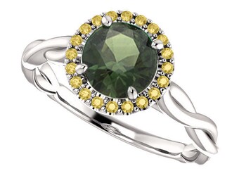 Green Sapphire Engagement Ring with Yellow Diamond Halo | Braided Ring | USA Custom Made