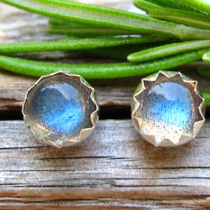 Labradorite Cabochon Studs | 14k Gold Stud Earrings or Sterling Silver Labradorite Studs | 4mm, 6mm Low Profile Serrated or Crown Earrings