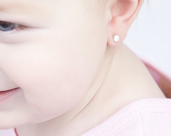 Boutique Earrings for Baby and Mom | 4mm White Moonstone Studs, Cabochon Earrings in Silver