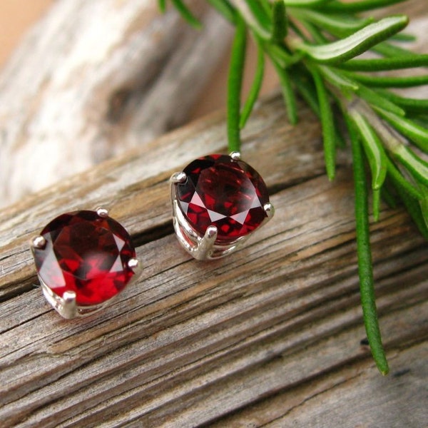 Red Orissa Garnet Stud Earrings, Sterling Silver with Genuine Gemstones, 8mm - Free Gift Wrapping