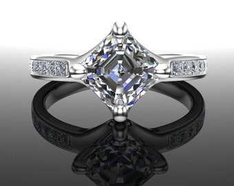 Asscher-Cut Diamond Engagement Ring, 1-1/2 Carat, with Princess-Cut Side Diamonds on Band