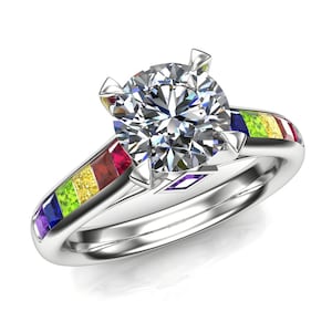Gay Engagement Ring | One-Carat Diamond, Round, with Pride Rainbow Gemstones