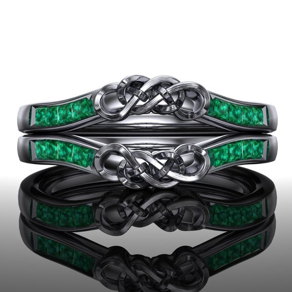 Celtic Knot Emerald Wedding Ring Set, Platinum or Gold | Wedding Band Set for Women | USA Custom Made "Rowena"