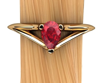 Ruby Ring in 18k Yellow Gold | Pear-Shaped Natural Genuine Ruby Ring