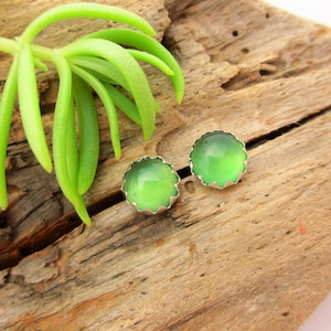 Green Chalcedony Cabochon Studs | 14k Gold Stud Earrings or Sterling Silver Chalcedony Studs | 6mm Low Profile Serrated or Crown Earrings