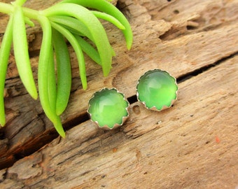 Green Chalcedony Cabochon Studs | 14k Gold Stud Earrings or Sterling Silver Chalcedony Studs | 6mm Low Profile Serrated or Crown Earrings