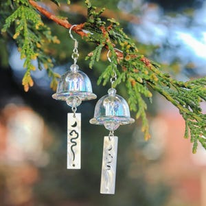 Japanese Wind Chime Inspired Earrings, Silver Jewellery, Handmade, Acrylic Charm, Glass Beads, Lightweight, Dangle Earrings.