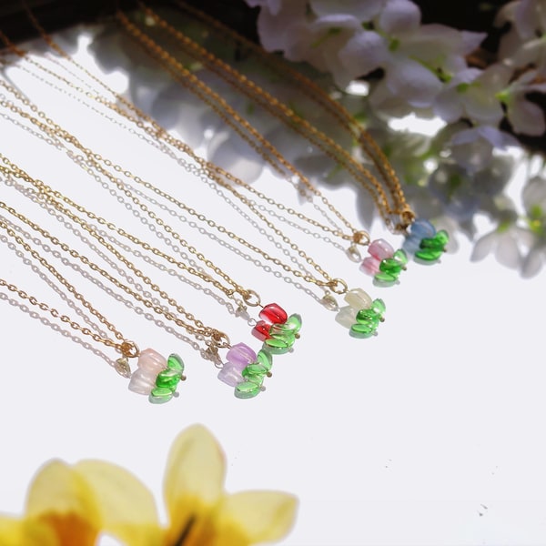 Tulip Inspired Necklaces, Silver Jewellery, Handmade, Lightweight, Glass flowers, Cottagecore, Whimsical, Charm Necklace.