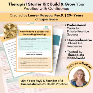 May include: A digital download for therapists, featuring a guide on how to have a successful networking meeting. The guide includes tips on listening, asking questions, and offering resources. The download also includes a QR code to access additional information. The image features a woman with a warm smile, and the text "Therapist Starter Kit: Build & Grow Your Practice with Confidence" is displayed at the top.